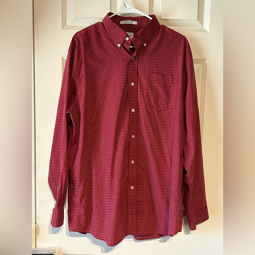 LL Bean Wrinkle Free Mens Large Red Gingham Plaid Long Sleeve Button Down